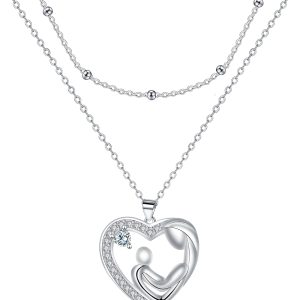 925 Sterling Silver Mother and Daughter Heart Pendant Necklace, Christmas or Mother's Day Gift