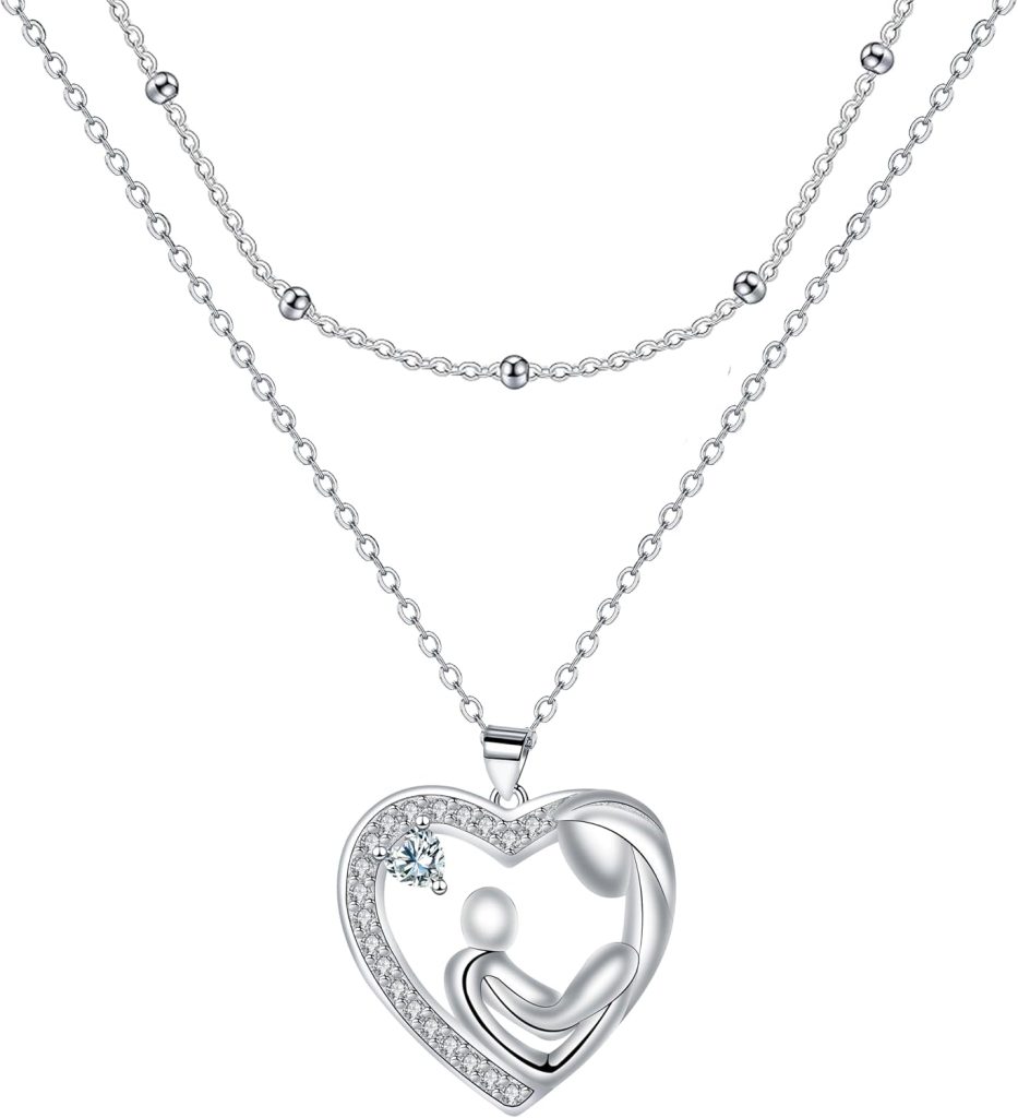 925 Sterling Silver Mother and Daughter Heart Pendant Necklace, Christmas or Mother's Day Gift