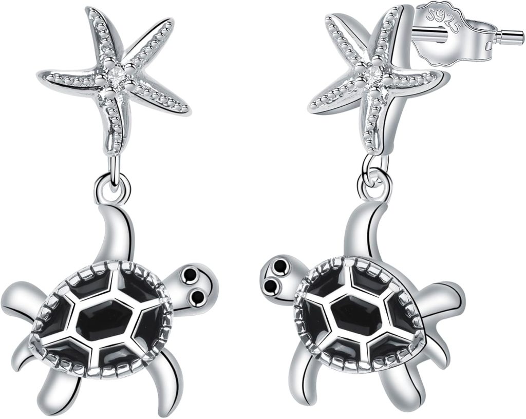 Women's 925 Sterling Silver Turtle and Starfish Drop Earrings, Animal Lover Jewelry Gift