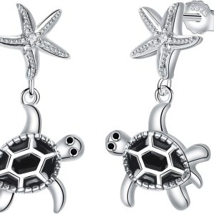 Women's 925 Sterling Silver Turtle and Starfish Drop Earrings, Animal Lover Jewelry Gift